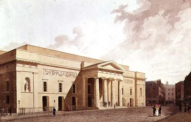 Façade Est du 2ème Théâtre de Covent Garden, conçu par Robert Smirke et montrant des panneaux de Flaxman, 1809